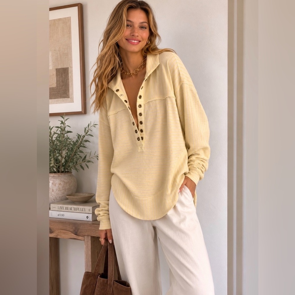 Pilcro Spiced Henley Sweatshirt, Anthropologie, size M Yellow & White - Picture 2 of 15